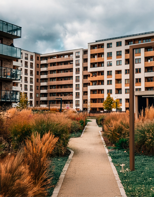 Jardín comunitario con gramíneas ornamentales y caminos peatonales en complejo residencial