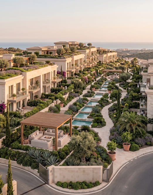 Complejo residencial de lujo en Mallorca con jardines mediterráneos, piscinas y vistas al mar