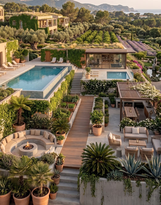 Villa con piscina infinity y jardín mediterráneo con palmeras y olivos frente al mar en Mallorca