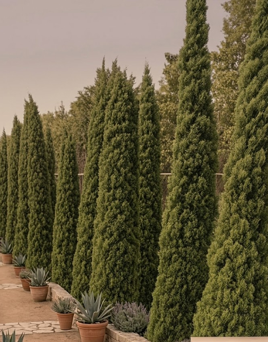 Cipreses italianos en línea perfilados con recorte vertical para mantener su forma columnar