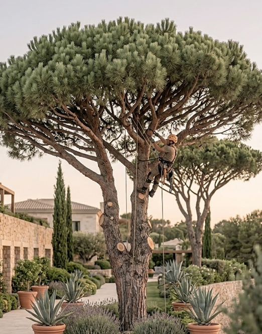 Arborista podando un pino piñonero con copa en sombrilla en jardín de chalet en Mallorca