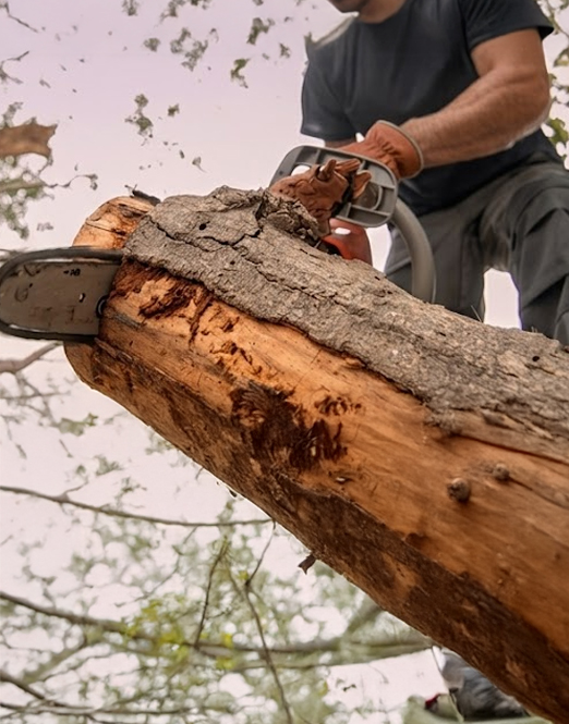 Operario seccionando con motosierra el tronco de un árbol ya talado durante una tala controlada