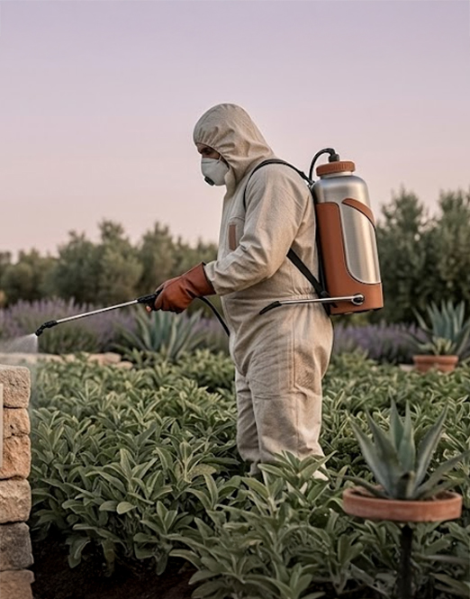 Operario con equipo de protección aplicando tratamiento fitosanitario con mochila pulverizadora sobre un seto